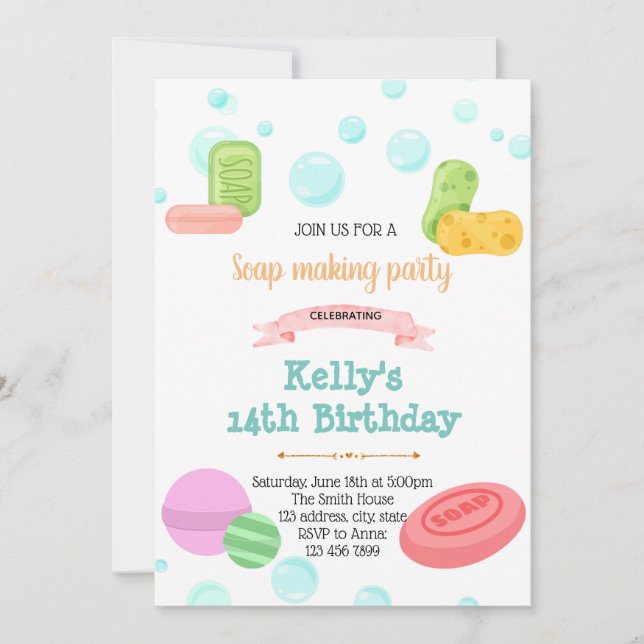 Invitación de cumpleaños a la bomba de jabón (Anverso)