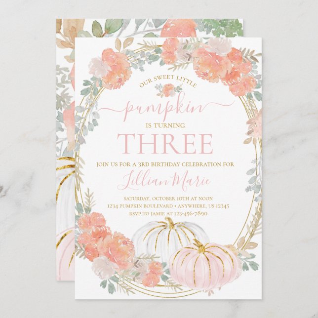 Invitación de cumpleaños a la caída de calabaza ro (Anverso / Reverso)