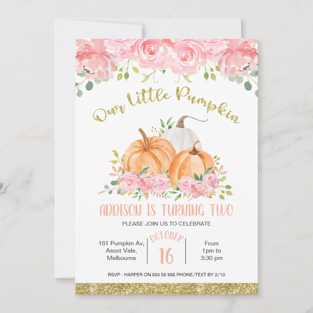 Invitación de cumpleaños a la calabaza floral rosa (Anverso)