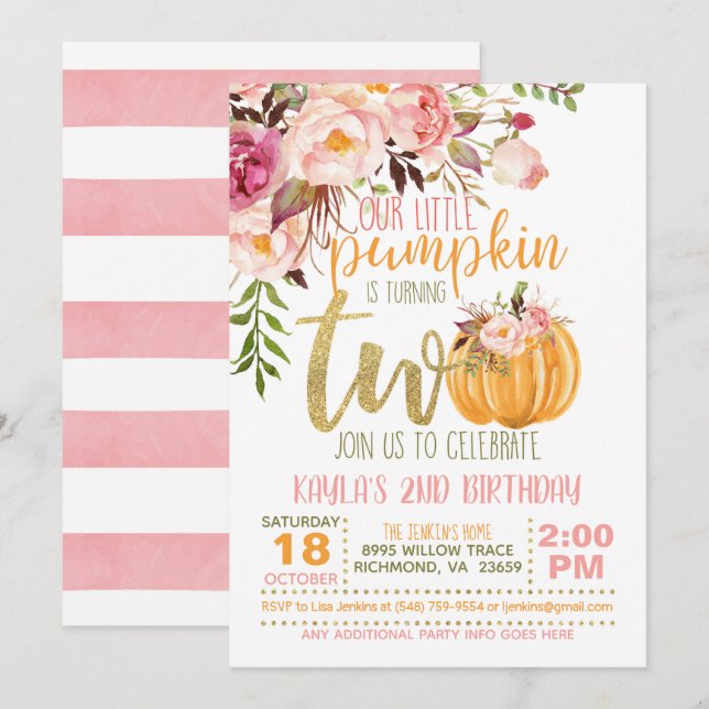 Invitación de cumpleaños a la calabaza - franjas f (Anverso / Reverso)