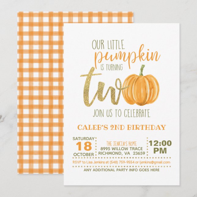 Invitación de cumpleaños a la calabaza - Naranja (Anverso / Reverso)