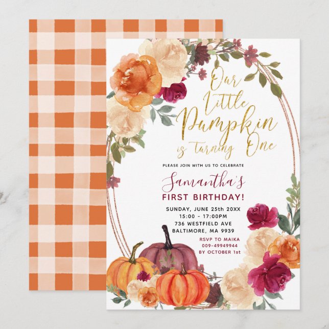 Invitación de cumpleaños a la calabaza Naranja que (Anverso / Reverso)
