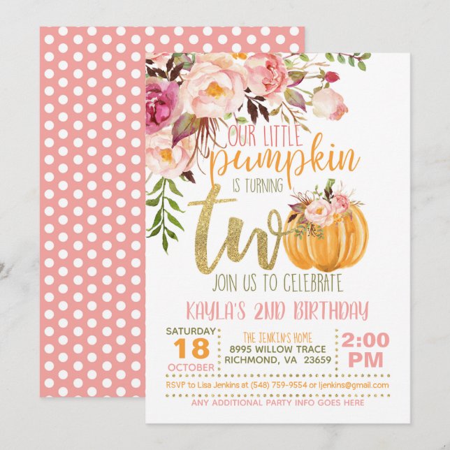 Invitación de cumpleaños a la calabaza - puntos ro (Anverso / Reverso)