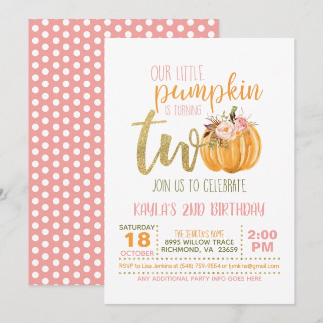 Invitación de cumpleaños a la calabaza - puntos ro (Anverso / Reverso)