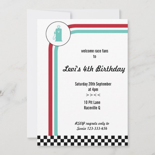 Invitación de cumpleaños a la Carreras Pit Lane (Anverso)