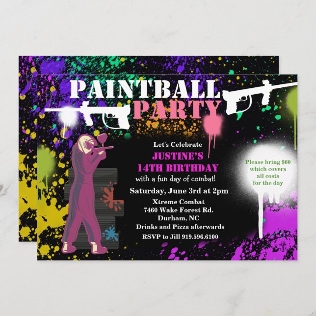 Invitación de cumpleaños a la Chica Paintball (Anverso / Reverso)