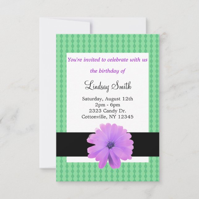 Invitación de cumpleaños a la cinta negra de flore (Anverso)