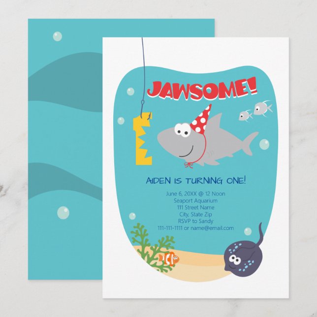 Invitación de cumpleaños a la cometa de tiburón (Anverso / Reverso)