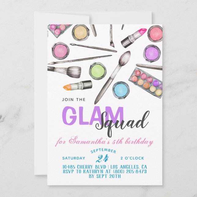 Invitación de cumpleaños a la confección de Glam S (Anverso)