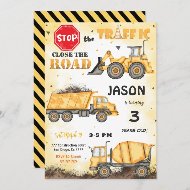 Invitación de cumpleaños a la construcción amarill (Anverso / Reverso)
