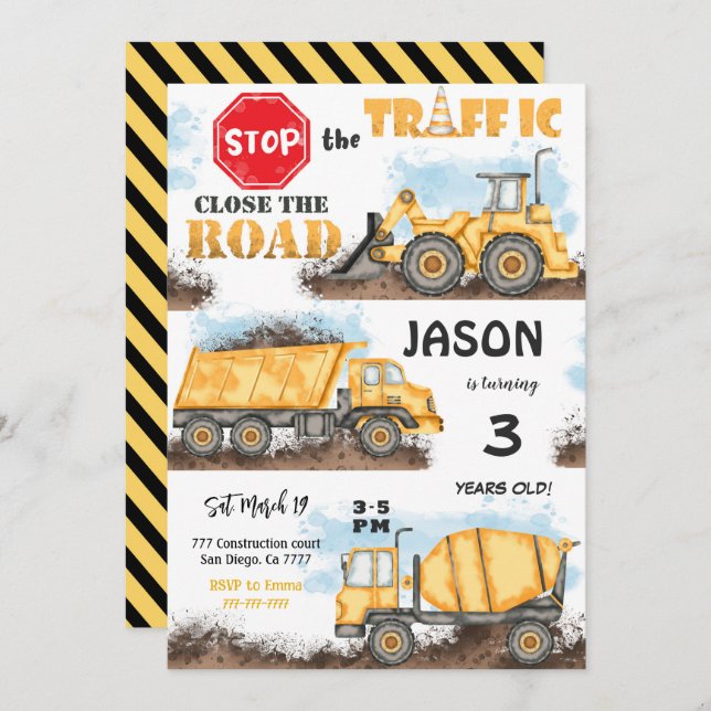 Invitación de cumpleaños a la construcción amarill (Anverso / Reverso)