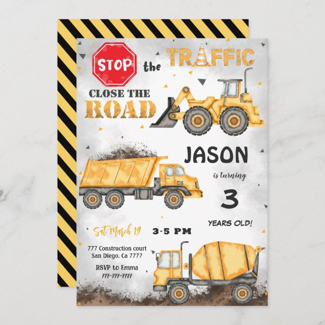 Invitación de cumpleaños a la construcción en negr (Anverso / Reverso)