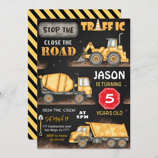 Invitación de cumpleaños a la construcción en negr (Anverso / Reverso)