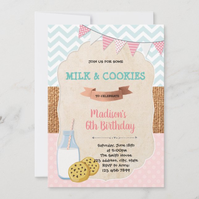 Invitación de cumpleaños a la cookie y la leche (Anverso)