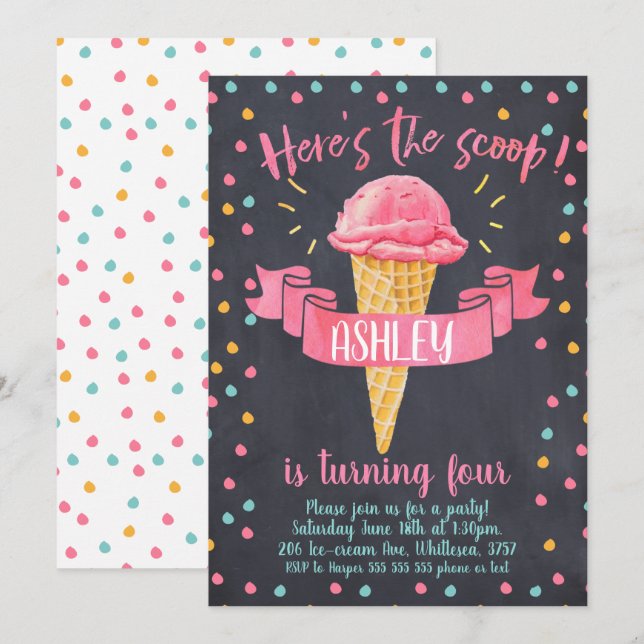 Invitación de cumpleaños a la crema de hielo de Ch (Anverso / Reverso)