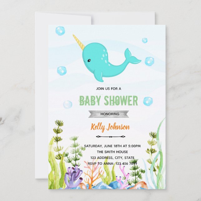 Invitación de cumpleaños a la ducha Narwhal (Anverso)
