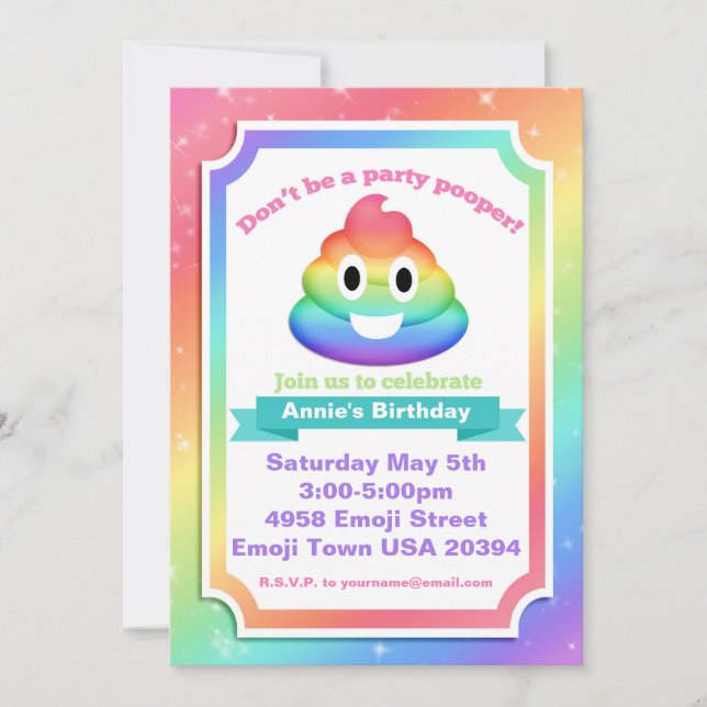 Invitación de cumpleaños a la Emoji Arcoiris Poop (Anverso)