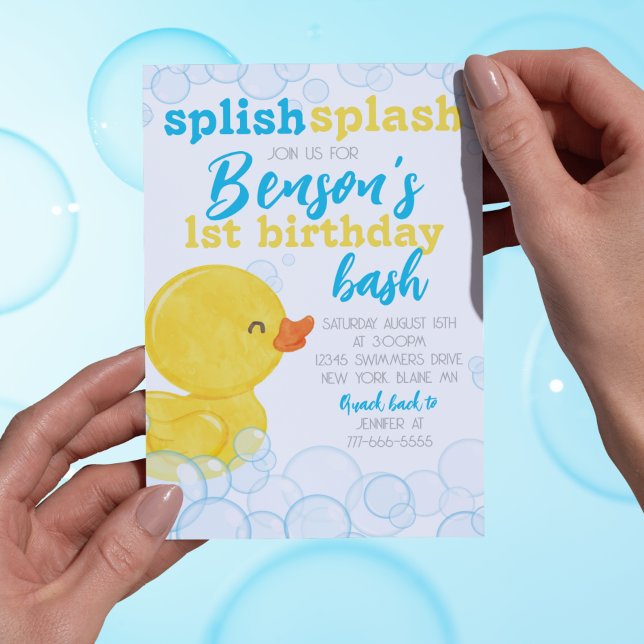 Invitación de cumpleaños a la escisión por robo de (Splish Splash Stunning Watercolor Rubber Duck Birthday Party Invite for Any Age!)