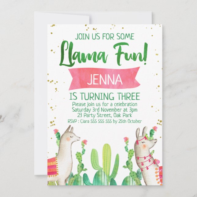 Invitación de cumpleaños a la fiesta de Lama (Anverso)
