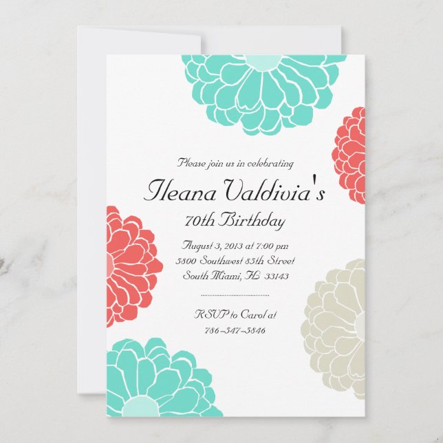 Invitación de cumpleaños a la flor de Turquoise Co (Anverso)