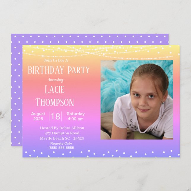 Invitación de cumpleaños a la foto arcoiris (Anverso / Reverso)