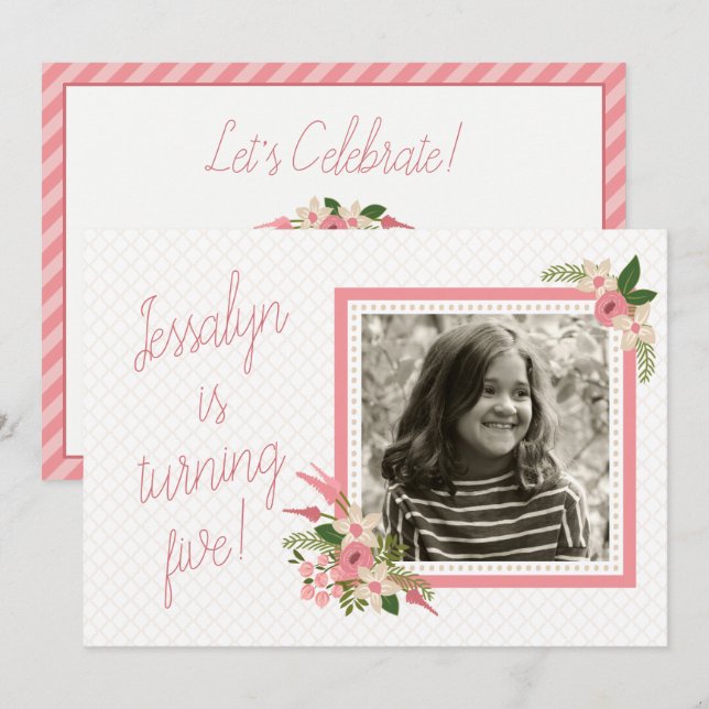 Invitación de cumpleaños a la foto de Coral Floral (Anverso / Reverso)