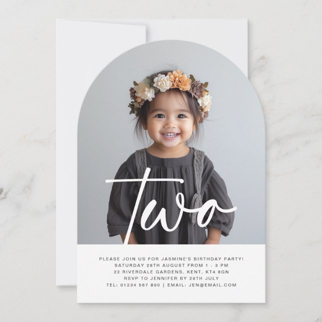 Invitación de cumpleaños a la foto de dos arcos (Anverso)
