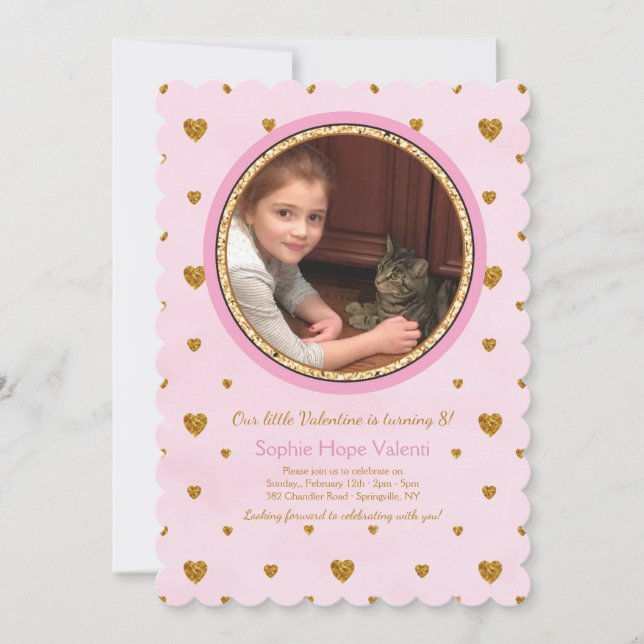 Invitación de cumpleaños a la foto de Gold Hearts (Anverso)