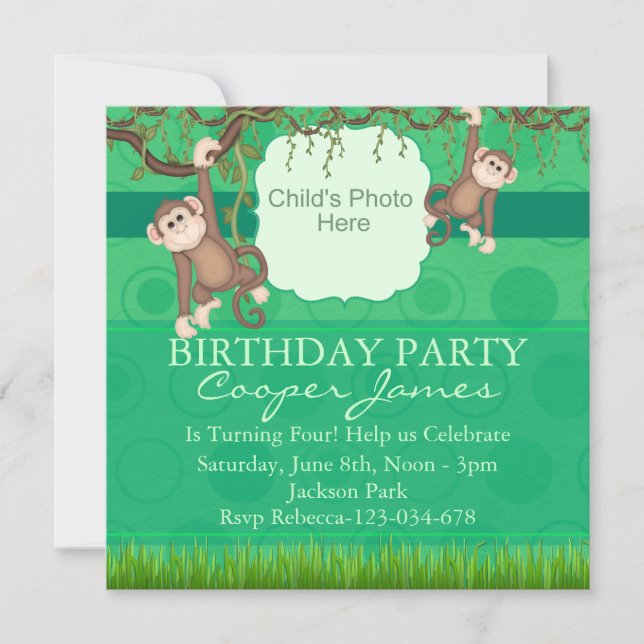 Invitación de cumpleaños a la foto de Green Monkey (Anverso)