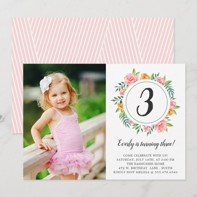 Invitación de cumpleaños a la foto de Happy Flower (Anverso / Reverso)