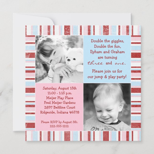 Invitación de cumpleaños a la foto de hermanos ros (Anverso)