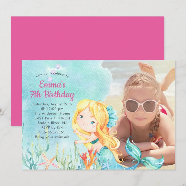 Invitación de cumpleaños a la foto de la sirena (Anverso / Reverso)