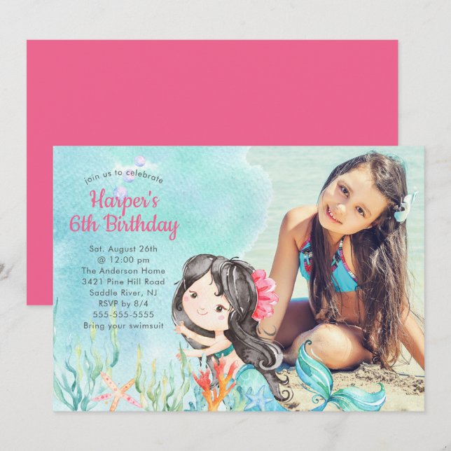 Invitación de cumpleaños a la foto de la sirena (Anverso / Reverso)