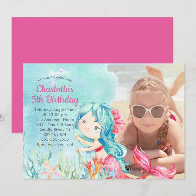 Invitación de cumpleaños a la foto de la sirena (Anverso / Reverso)