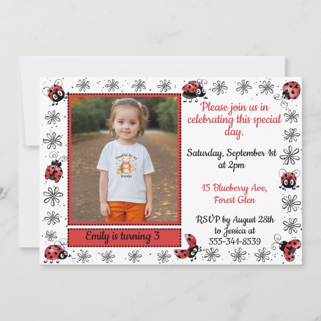Invitación de cumpleaños a la foto de Ladybug sens (Anverso)