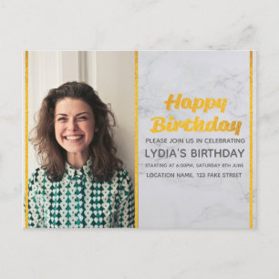 Invitación de cumpleaños a la foto de mármol y oro