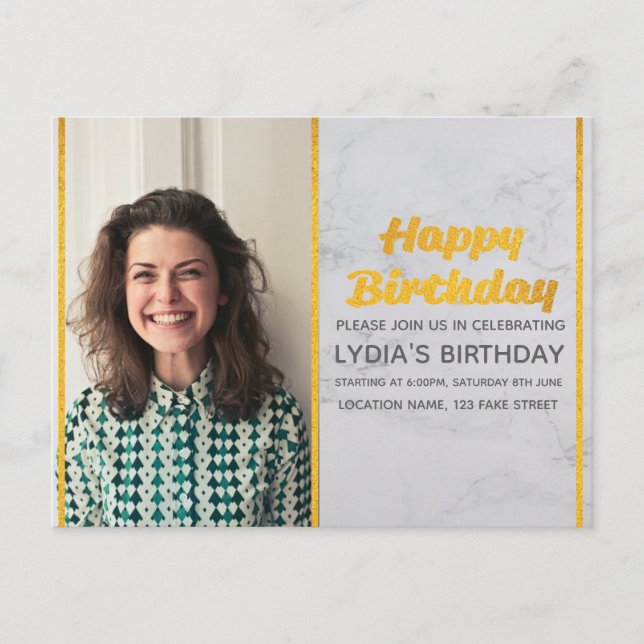 Invitación de cumpleaños a la foto de mármol y oro (Anverso)