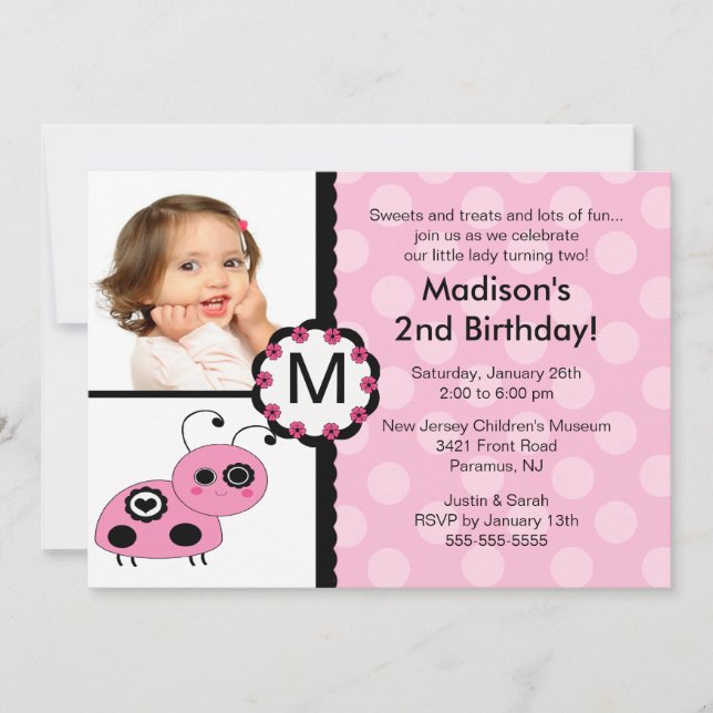 Invitación de cumpleaños a la foto de Pink Ladybug (Anverso)