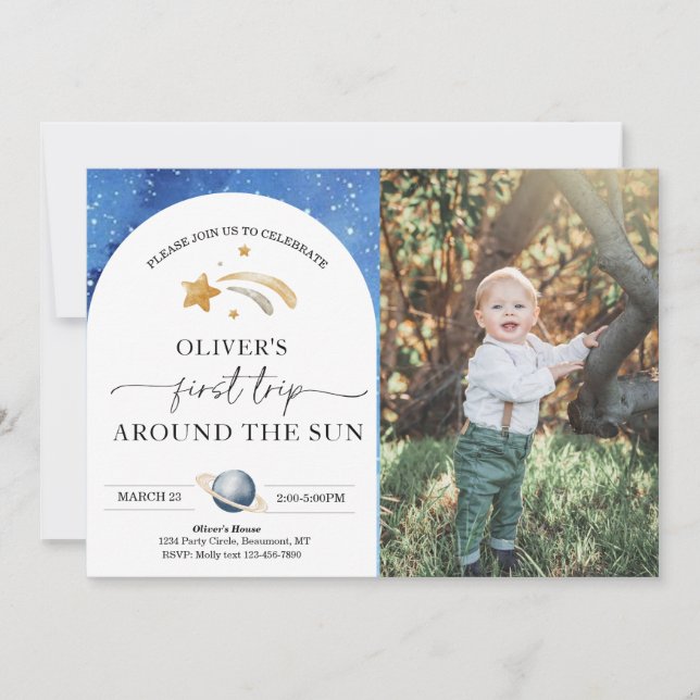 Invitación de cumpleaños a la foto espacial | Prim (Anverso)