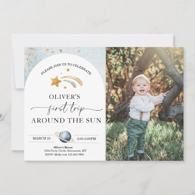 Invitación de cumpleaños a la foto espacial | Prim (Anverso)