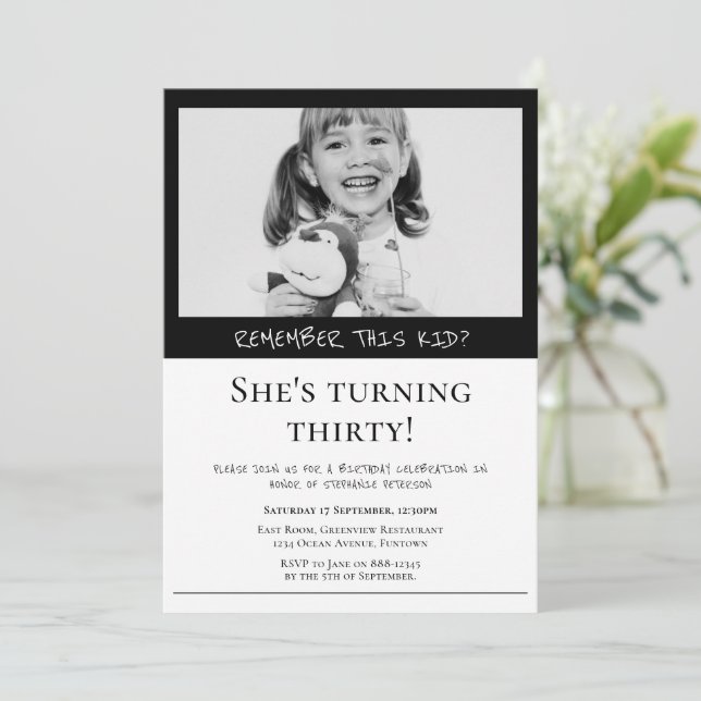 Invitación de cumpleaños a la foto retro en blanco (Anverso de pie)