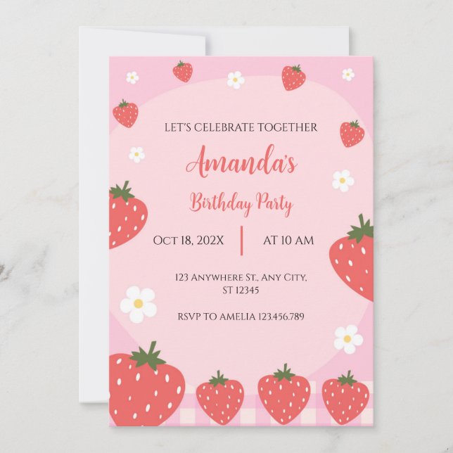 Invitación de cumpleaños a la fresa rosada Adorabl (Anverso)