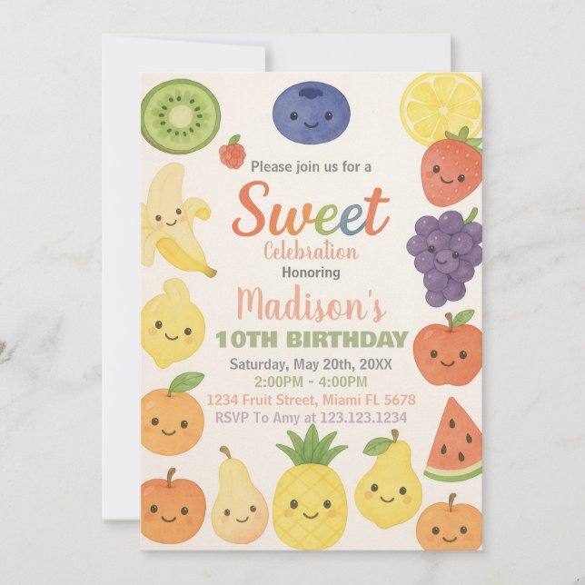 Invitación de cumpleaños a la fruta tropical color (Anverso)