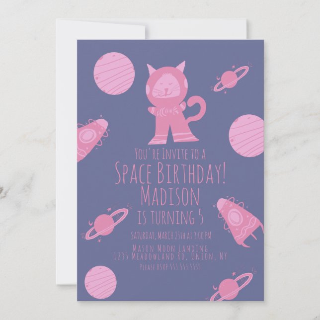 Invitación de cumpleaños a la galaxia púrpura rosa (Anverso)