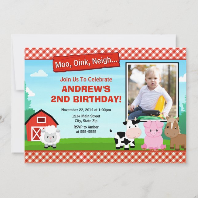 Invitación de cumpleaños a la granja Barnyard (Anverso)