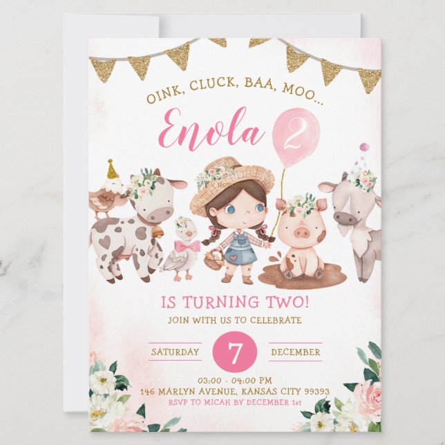 Invitación de cumpleaños a la granja Chica rosada  (Anverso)