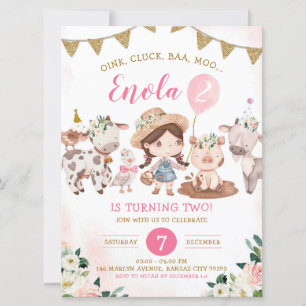 Invitación de cumpleaños a la granja Chica rosada