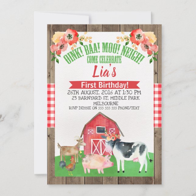 Invitación de cumpleaños a la granja de barnyard (Anverso)