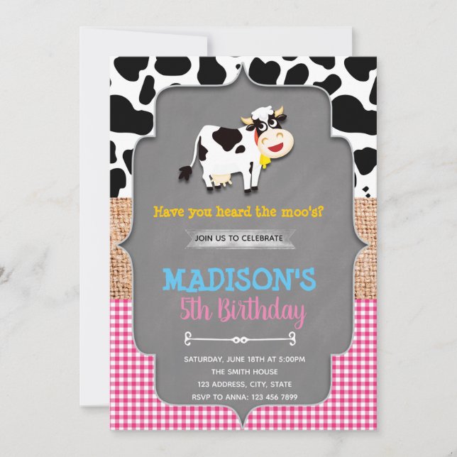 Invitación de cumpleaños a la granja de vacas (Anverso)