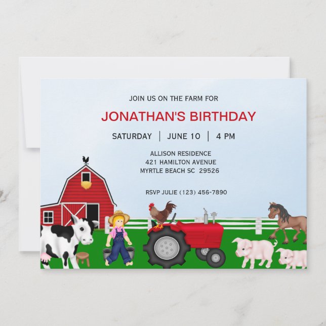 Invitación de cumpleaños a la granja infantil (Anverso)